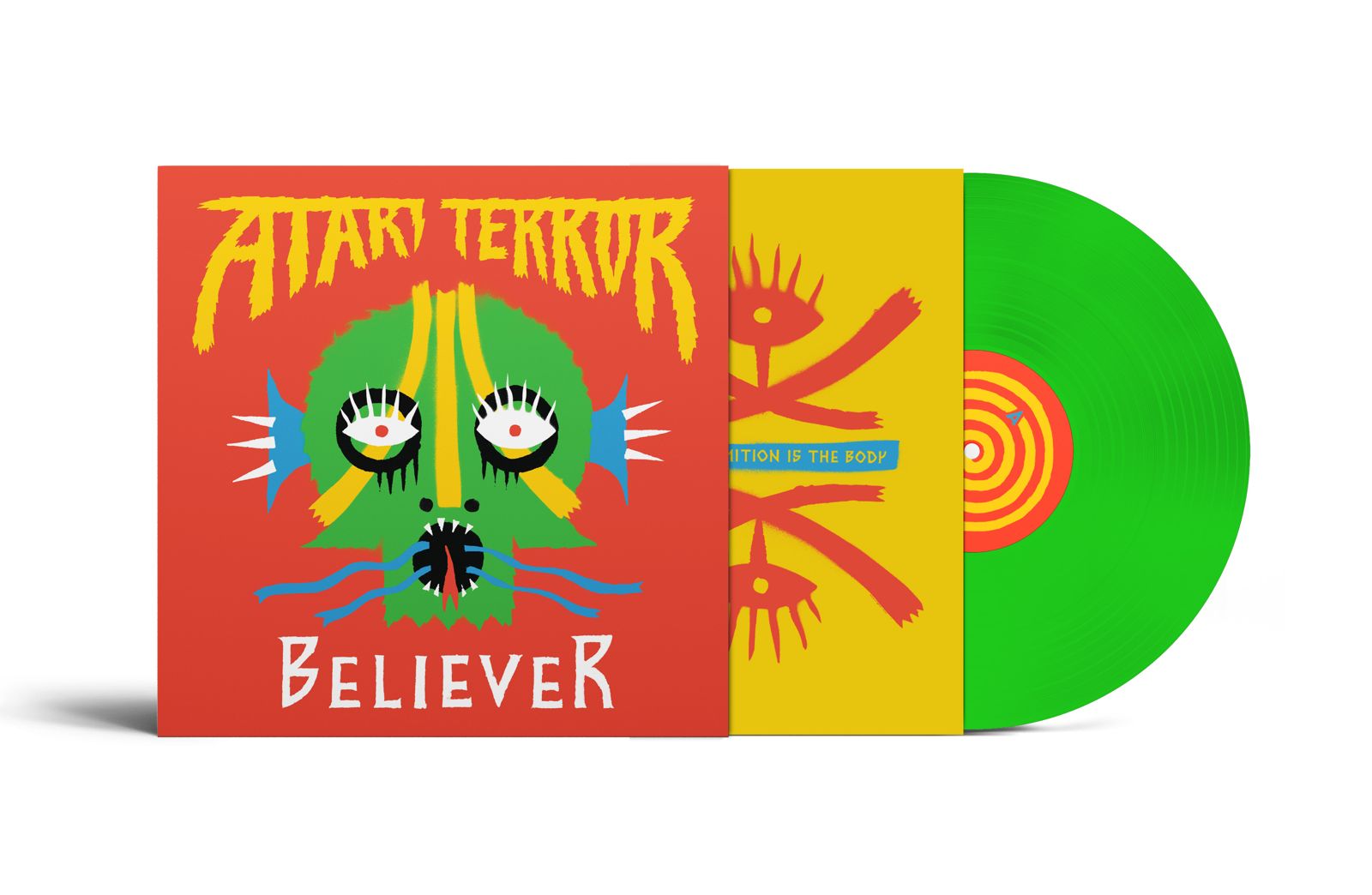Vinylové vydání Believer: obal Atari Terror a zelená gramofonová deska